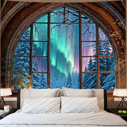 Lifeel Aurora Snowy Landscape Tapestry, Forest Winter Night Scenic Window Tapestries, Home Decor for Bedroom Living Room, 36x48 inches