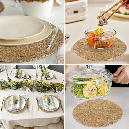 13.8 Inch Round Jute Placemats Set of 10 – Boho Rustic Woven Table Mats & Charger Plates, Heat Resistant & Easy to Clean, Handwoven Farmhouse Table Decor for Dining, Kitchen, Weddings & Home