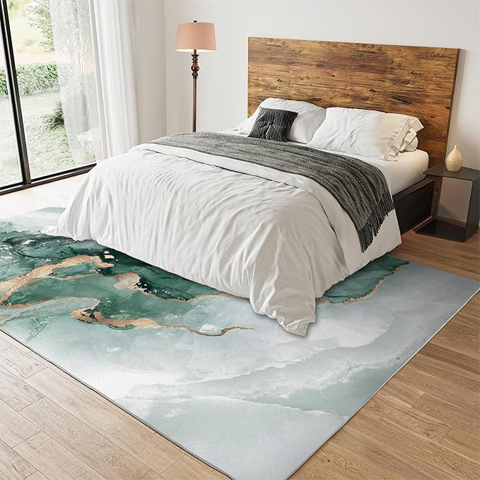 Nordic Luxury Green Gold Marble Area Rug, Marble Painting Ombre Emerald Green Print Large Rugs, Machine Washable Breathable Durable Carpet for Front Entrance Floor Living Room Decor,4 x 6ft