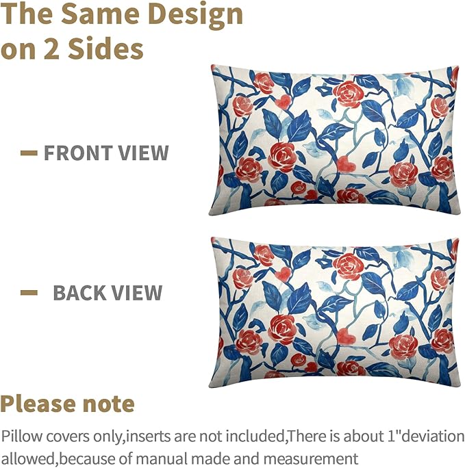 Valentines Day Pillow Covers 12x20 Set of 2 Blue Red Floral Throw Pillow Covers Flower Pillowcase Linen Decoration Farmhouse Holiday Cozy Soft Cushion Case Couch for Indoor Outdoor Home Decor