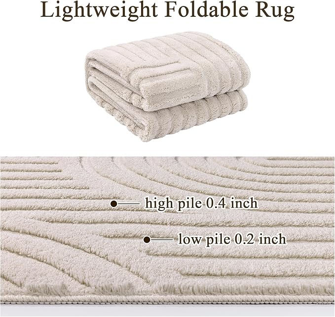 SHACOS Soft Cozy Fluffy Arch Pattern High Low Pile Area Rugs 4'x6' Non Slip Washable Scandinavian Minimalist Rug Modern Geometric Arc Carpet for Living Room Bedroom Dining Room, Beige