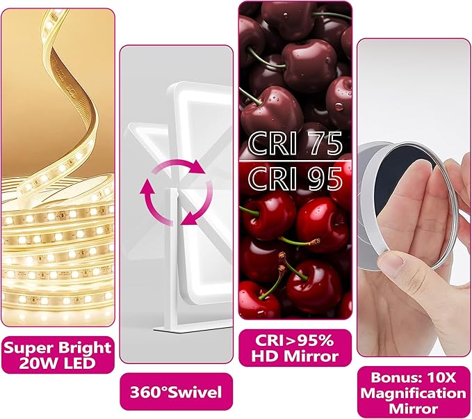 Hollywood Vanity Mirror with Lights, 17" L x 13" W LED Lighted Makeup Mirror, Dimmable & Three Color Lighting Modes, 10X Magnification Mirror, CRI>95% HD, 20W High Brightness (96 LED)