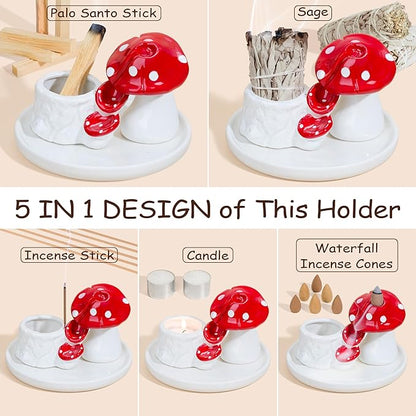 ZenBless 5 in 1 Mushroom Gifts Waterfall Incense and Candle Burner for Burning Sage, Palo Santo, Incense Sticks Backflow Cones,Candle Ceramic Backflow Cone Holder Spiritual Meditation Yoga
