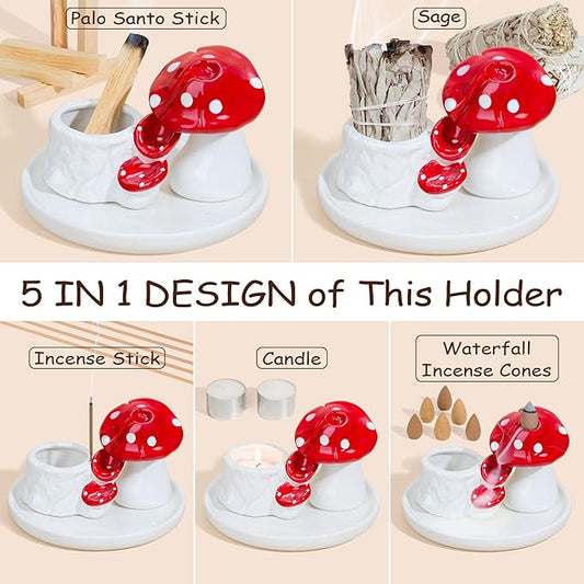 ZenBless 5 in 1 Mushroom Gifts Waterfall Incense and Candle Burner for Burning Sage, Palo Santo, Incense Sticks Backflow Cones,Candle Ceramic Backflow Cone Holder Spiritual Meditation Yoga
