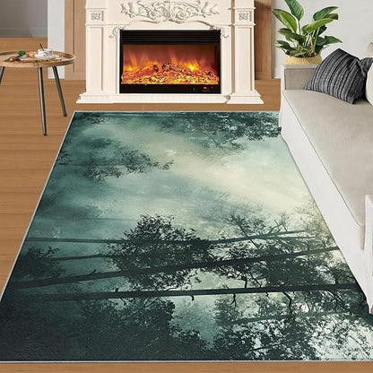 Forest Rug for Living Room, Misty Forest 5x7 Area Rug Natural Landscape Rug for Bedroom Non-Slip Indoor Floor Carpet, Low Pile Resistant Carpet for Dining Room, Office, Home Decor