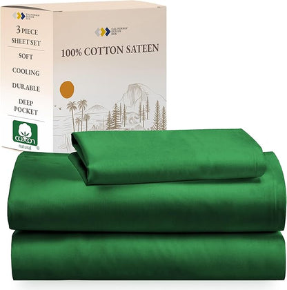 California Design Den Natural 100% Cotton Bed Sheets Twin Size Set - Soft Sateen Twin Sheets with Deep Pockets, Breathable and Durable Bedding Set for Dorm Rooms, College (Emerald Green)