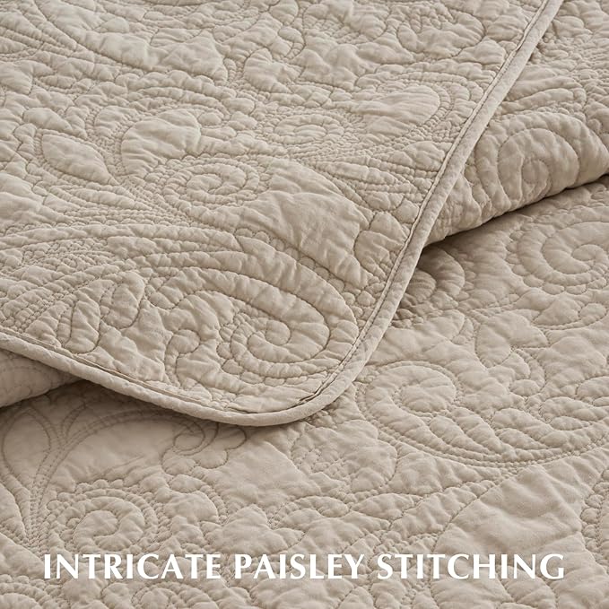 EVERGRACE 100% Cotton Paisley Quilt Set, Queen Size 3 Piece Set – Prewashed Lightweight Bedspread with 2 Shams, Soft & Breathable Matelasse Coverlet for All-Season Comfort, Flax Beige