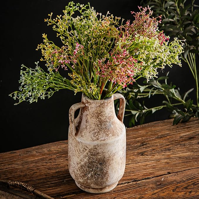 Ceramic Flower Vase with Handles,11 inch Farmhouse Vase,Rustic Vintage Terracotta Vases for Home Decor,Living Room,Kitchen Shelf,Table,Fireplace,Holiday & Weddings Centerpiece (Terracotta-L-1622)