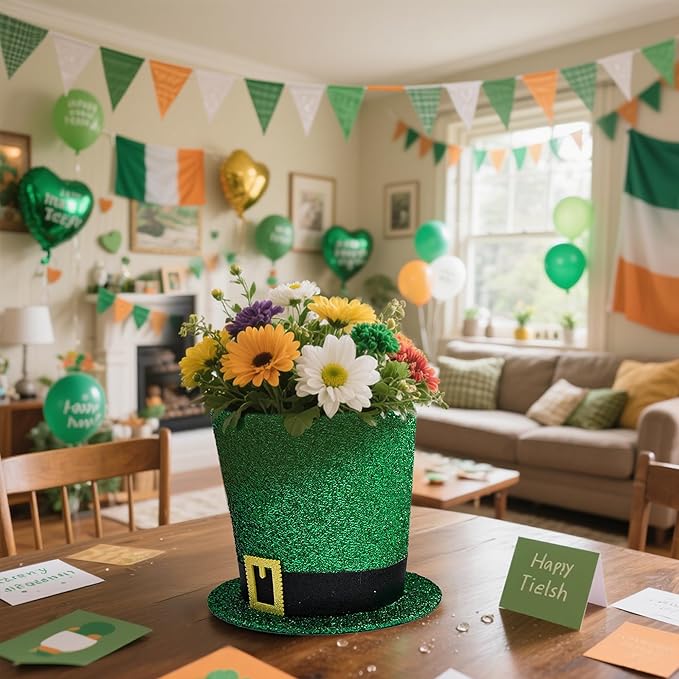 St. Patrick's Day Decorative Hat Vase, DIY Green Hat Flower Pot, St. Patrick's Day Tabletop Decoration Foldable Flower Pot Hat (Flowers Not Included)
