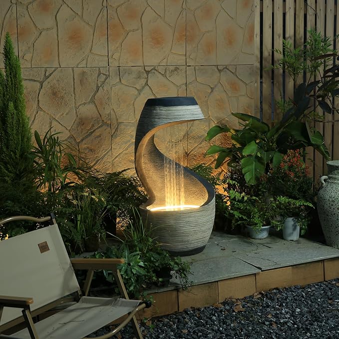 37.9”H Garden Outdoor Water Fountain, Modern Waterfall Fountain Water Feature with Lights for Patio, Backyard & Garden