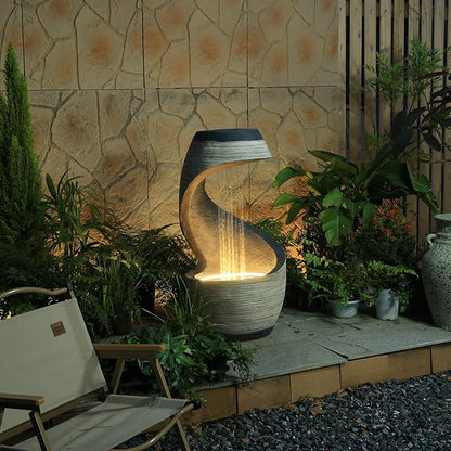 37.9”H Garden Outdoor Water Fountain, Modern Waterfall Fountain Water Feature with Lights for Patio, Backyard & Garden