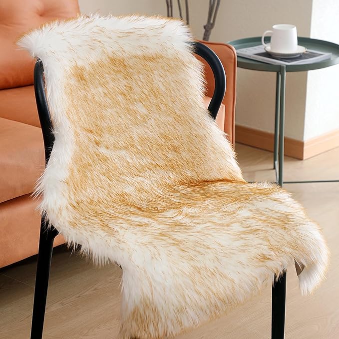 Faux Fur Rug Sheepskin Shag Fluffy Fuzzy 2x3 ft Small Rugs for Bedroom Bedside Bed Floor Living Room Plush High-Density Cushion Carpet Super Sofa Cover White and Yellow