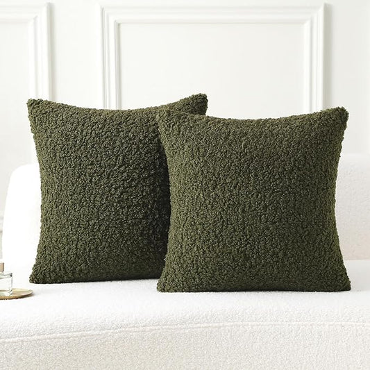 FUTEI Olive Green Throw Pillow Covers 26x26 Inch Set of 2,Furry Faux Fur Teddy Boucle Textured Cushion Covers,Soft Fluffy Decorative Euro Pillow Shams,Home Decor for Couch Bed Living Room Office Car