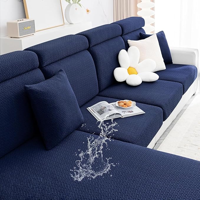 Smiry Waterproof Couch Cushion Covers, Stretch Jacquard Sectional Couch Covers, L Shape Chaise Lounge Sofa Slipcover, Washable Elastic Furniture Protector for Pets, Kid (XL-Chaise Cover, Navy)