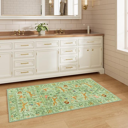 DUKINO 2x4 Rug for Hallway, Washable Kitchen Runner Rug with Non Slip Backing, Soft Low Pile Vintage Animal Runner for Bedroom, Kitchen, Hallway, Entryway, Laundry, Light Green