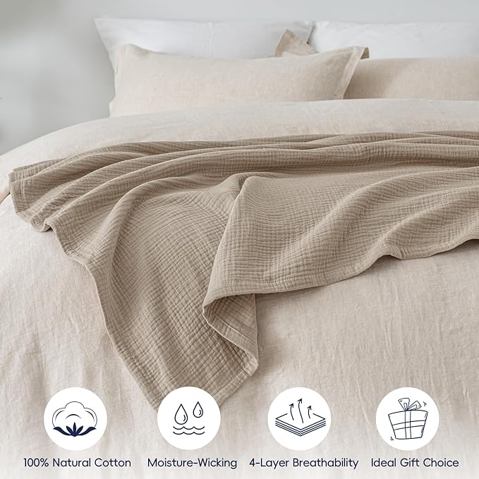 PHF 100% Cotton Muslin Throw Blanket 50" x 60", 4-Layer Lightweight Gauze Throw, Breathable Cloud-Soft Minimalist Blanket for Bed, Couch, Camping & Baby, Taupe, Ideal Gift