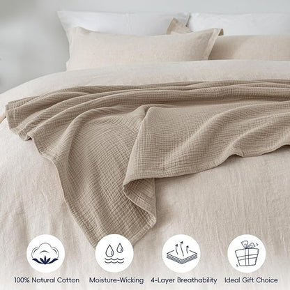 PHF 100% Cotton Muslin Blanket Twin XL Size 66"x90", 4-Layer Lightweight Gauze Throw, Breathable Cloud-Soft Minimalist Blanket for Bed, Couch, Camping & Baby, Taupe, Ideal Gift