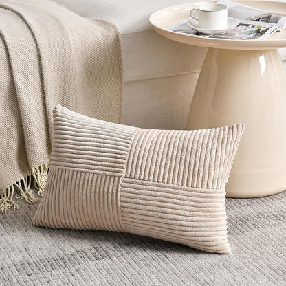 Fancy Homi 2 Packs Tan Lumbar Decorative Throw Pillow Covers 14x22 Inch for Living Room Couch Bed Sofa, Boho Home Decor, Soft Striped Corduroy Rectangle Accent Beige Cushion Case 35x55 cm