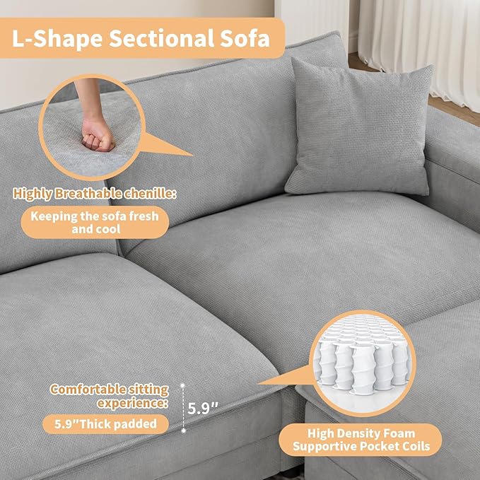 115" U Shaped Cloud Sofa Couch with Ottoman, Storage Armrest, Cup Holders, USB & Type-C Ports, Spring Cushions, Solid Wood Frame, Chenille Modular Sectional for Living Room (Light gray-U-115.2")