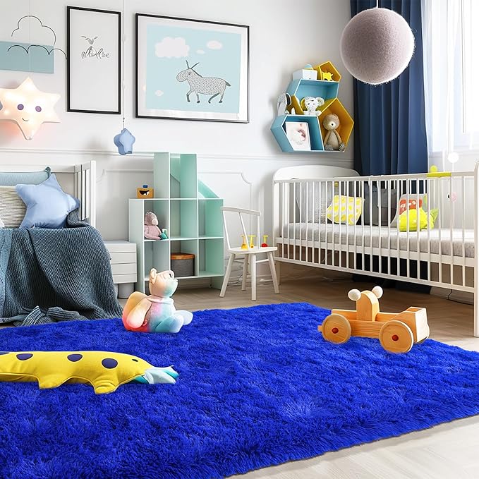 Super Fluffy Rug for Bedroom, 4x6 Shag Fuzzy Area Rug for Living Room Bedroom, Plush Soft Carpet for Girls Boys Kids, Non Slip Throw Rugs for Dorm, Modern Home Decor Aesthetic, Royal Blue