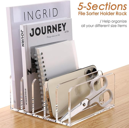 SANRUI Acrylic Desk Organizer, 5 Compartments Mail Organizer,Small File Holders Letter Organizer,Clear Office Organization,Multifunction Sorter Envelope Rack for Office,Home, School