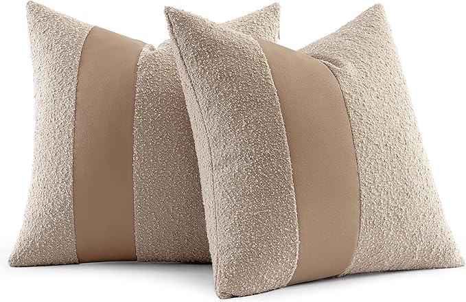 MIULEE Boucle Throw Pillow Covers 18x18 Inch Set of 2 Oatmeal Faux Leather Textured Decorative Pillow Cases Boho Farmhouse Accents Cushion Covers for Couch Bed Livingroom Home Decor