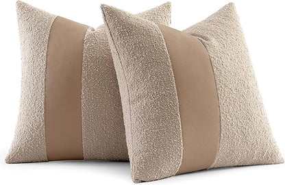 MIULEE Boucle Throw Pillow Covers 18x18 Inch Set of 2 Oatmeal Faux Leather Textured Decorative Pillow Cases Boho Farmhouse Accents Cushion Covers for Couch Bed Livingroom Home Decor