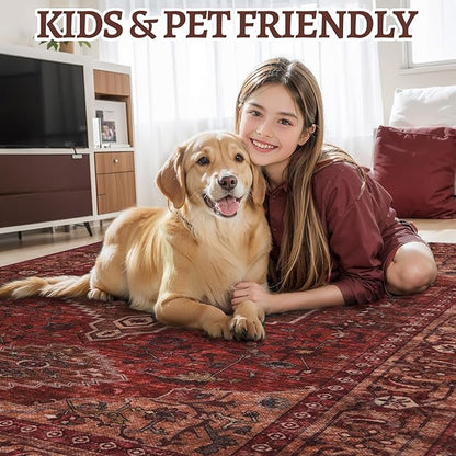 Tangsoo 2.6x10 Washable Hallway Runner Rug, Non Slip Vintage Runner Rug for Hallways, Soft Low Pile Long Rug Runner, Print Distressed Carpet Runners for Kitchen Bedroom Entryway Living Room Dark Red