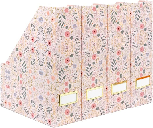 BLU MONACO Foldable Magazine File Set of 4 with Floral Boho Design – Decorative Cardboard Magazine Organizer for Home, Office & Dorm Room – Artistic Magazine Storage Solution