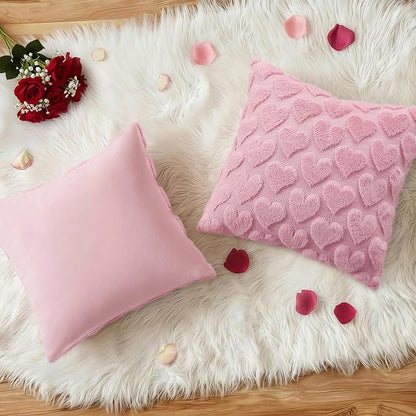 decorUhome Valentine’s Day Soft Plush Throw Pillow Covers 16x16 Inch Set of 2, Faux Fur Pink Heart Decoration Neutral Square Pillow Covers for Couch Sofa Bed Cozy Farmhouse Holiday Decor