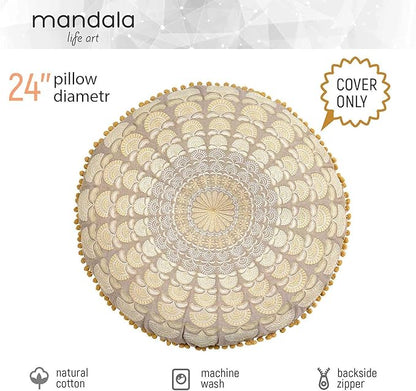 Mandala Life ART Bohemian Floor Cushion Cover –Luxury, Artisan Room Décor Pouf Case for Meditation, Yoga, and Boho Chic Seating Area Floor Pillow – Accent Your Living Room, Bedroom, More