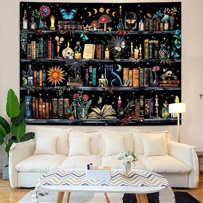 YEXIT Magic Bookshelf Tapestry, Witches & Skulls Gothic Wall Tapestries Black Cat for Study Room Living Room Dorm Bedroom 60×80 inch