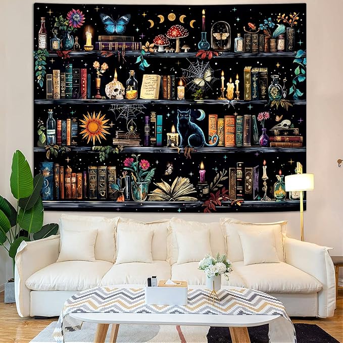 YEXIT Magic Bookshelf Tapestry, Witches & Skulls Gothic Wall Tapestries Black Cat for Study Room Living Room Dorm Bedroom 44×60 inch