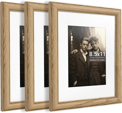 8.5x11 Picture Frame,8.5 x 11 Solid White Oak Photo Frame Matted to 6x8 with Tempered Glass,8.5"x11" Handcrafted Diploma Document Frames Frame Vertical or Horizontal Wall Hanging Display,3 Pack