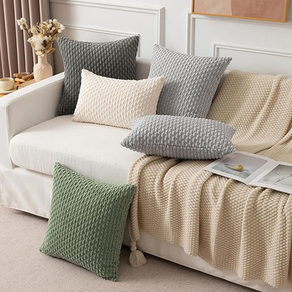 Kevin Textile Decorative Throw Pillow Covers Corduroy Square Boho Cushion Cover with Stripes Cases for Bedroom Sofa Living Room Couch Set of 2 18x18 Inch Light Grey