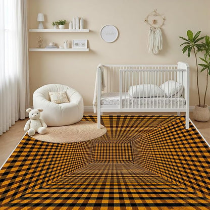3D Rugs Optical Illusion - Plaid Rug 7x9, Geometric Stripes Soft Neutral Indoor Floor Mats Carpet, Non-Slip Stain Resistant Modern Orange Rug for Bedroom, Living Room Rugs