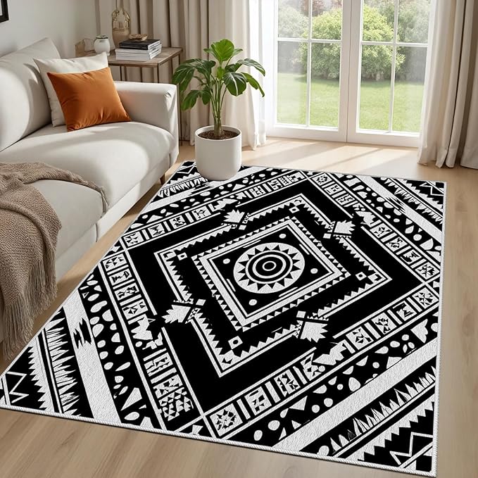 Area Rugs for Living Room 3x4, Moroccan Washable Low Pile Rug, Boho Neutral Farmhouse Ultra Soft Carpet for Bedroom Dining Room Home Decor, Geometric Print Tribal Carpets Black and White