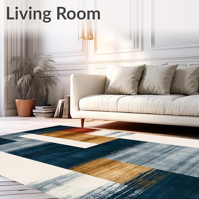Flatwoven High Traffic Area Rug 6x9, Eclectic Funky Ink Wash Design Abstract Area in Multi Tone, Non Slip, Stain Resistant, Washable Area Rugs for Living Room, Bedroom (Blue, 6x9)