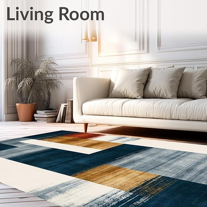 Flatwoven High Traffic Area Rug 6x9, Eclectic Funky Ink Wash Design Abstract Area in Multi Tone, Non Slip, Stain Resistant, Washable Area Rugs for Living Room, Bedroom (Blue, 6x9)