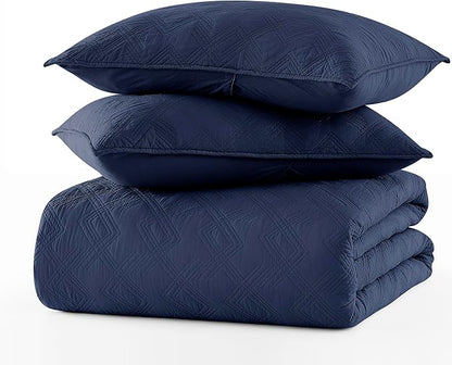 WDCOZY 100% Cotton Twin Size Quilt Set - Navy Blue Pre-Washed Soft Lightweight Modern Bedspread, Farmhouse Country Rustic Coverlet, Textured Like Linen, Shabby Chic Gauze Bedding, 2 Pieces