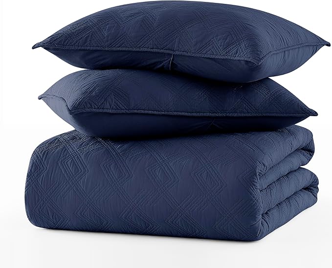 WDCOZY 100% Cotton Queen Size Quilt Set - Navy Blue Pre-Washed Soft Lightweight Modern Bedspread, Farmhouse Country Rustic Coverlet, Textured Like Linen, Shabby Chic Gauze Bedding, 3 Pieces
