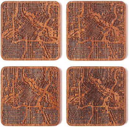 Minneapolis Map Coaster, Set of 4, Sapele Wooden Coaster with city map, Multiple city optional, Handmade