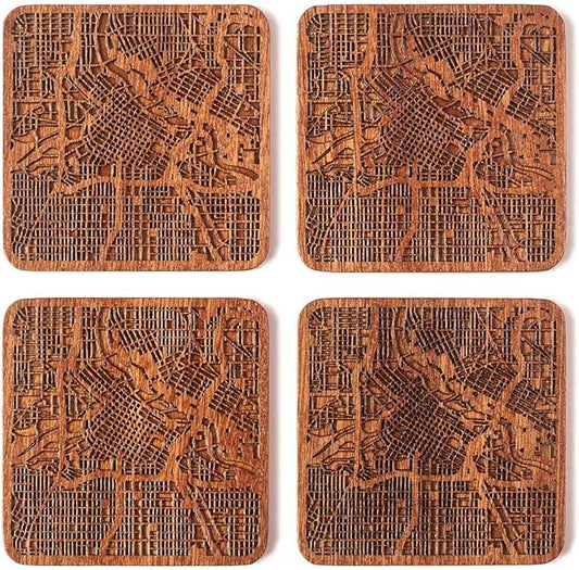 Minneapolis Map Coaster, Set of 4, Sapele Wooden Coaster with city map, Multiple city optional, Handmade