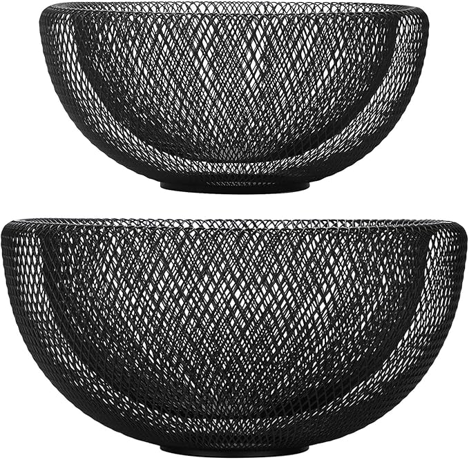IBWell Metal Wire Woven Fruit Storage Bowl Basket for Kitchen, Large Black Mesh Fruit Stand, for Apple, Pineapple, Banana, Orange, Lemon, Pear, Strawberry, Watermelon (Black, Normal & Large)