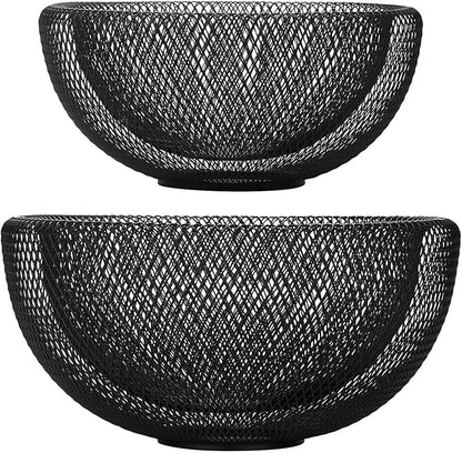 IBWell Metal Wire Woven Fruit Storage Bowl Basket for Kitchen, Large Black Mesh Fruit Stand, for Apple, Pineapple, Banana, Orange, Lemon, Pear, Strawberry, Watermelon (Black, Normal & Large)