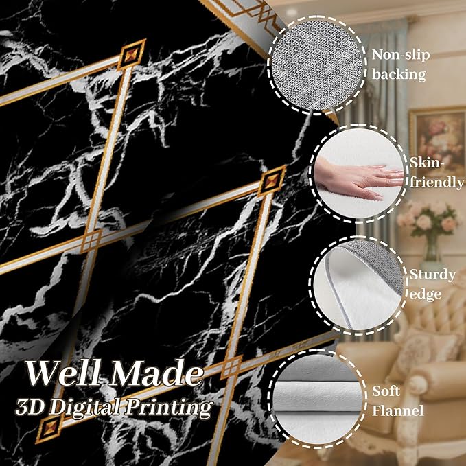 Abstract Marble Texture Throw Carpet Runner for Entrance, 3.3x7ft, Luxury Gold Geometric Line Bedroom Rug, Dirty Resistant Absorbent Bathroom Decor Washable Area Carpet for Office