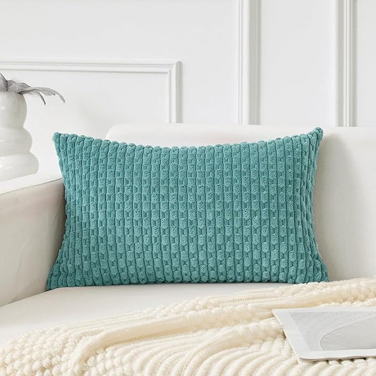 Kevin Textile 12x20 Inch Pillow Cover 1 Pack Boho Decorative Soft Striped Corduroy Lumbar Farmhouse Color Accent Rectangle Cushion Case for Living Room Couch Sofa Bed, Aqua Green