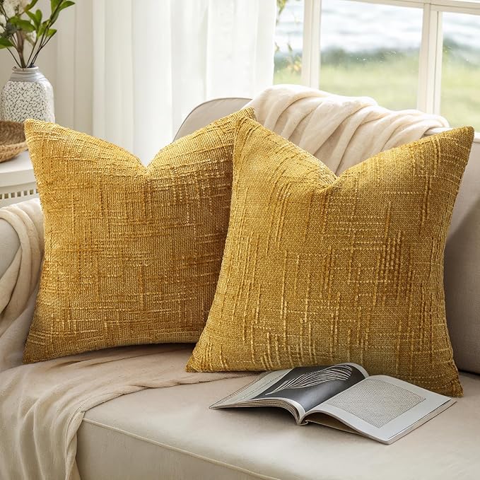 decorUhome Mustard Yellow Chenille Throw Pillow Covers 16x16 Set of 2 Textured Slubby Couch Pillow Covers Farmhouse Accent Modern Neutral Decorative Pillow Cases for Bed Sofa Living Room