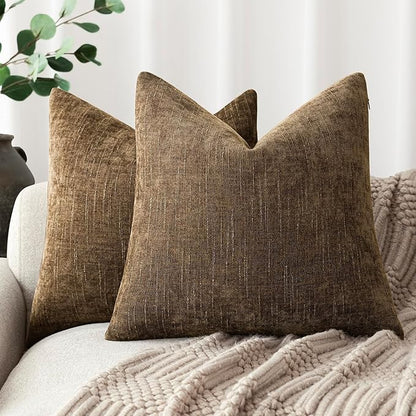 Foindtower Pack of 2 Soft Textured Chenille Throw Decorative Pillow Covers Square Accent Solid Cushion Cover Neutral Farmhouse Pillow Case for Couch Sofa Bedroom Living Room 18x18 Inch,Taupe Brown
