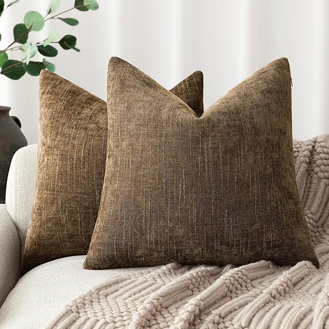 Foindtower Pack of 2 Soft Textured Chenille Throw Decorative Pillow Covers Square Accent Solid Cushion Cover Neutral Farmhouse Pillow Case for Couch Sofa Bedroom Living Room 22x22 Inch,Taupe Brown